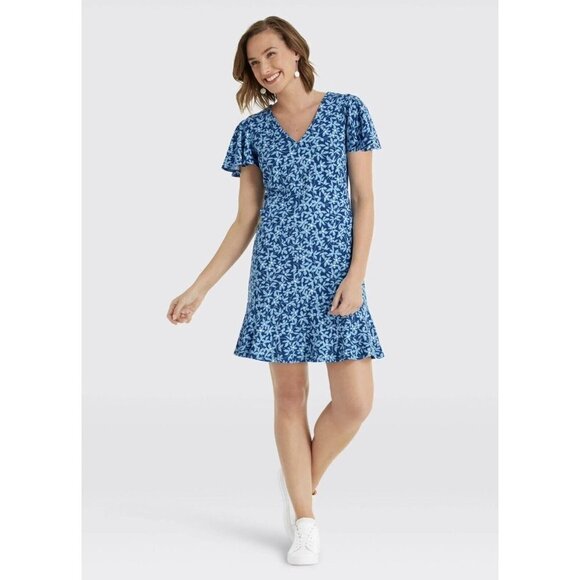 Draper James Blue Floral Flutter Sleeve Grotto Shift Shirt Dress Size L - Picture 1 of 6